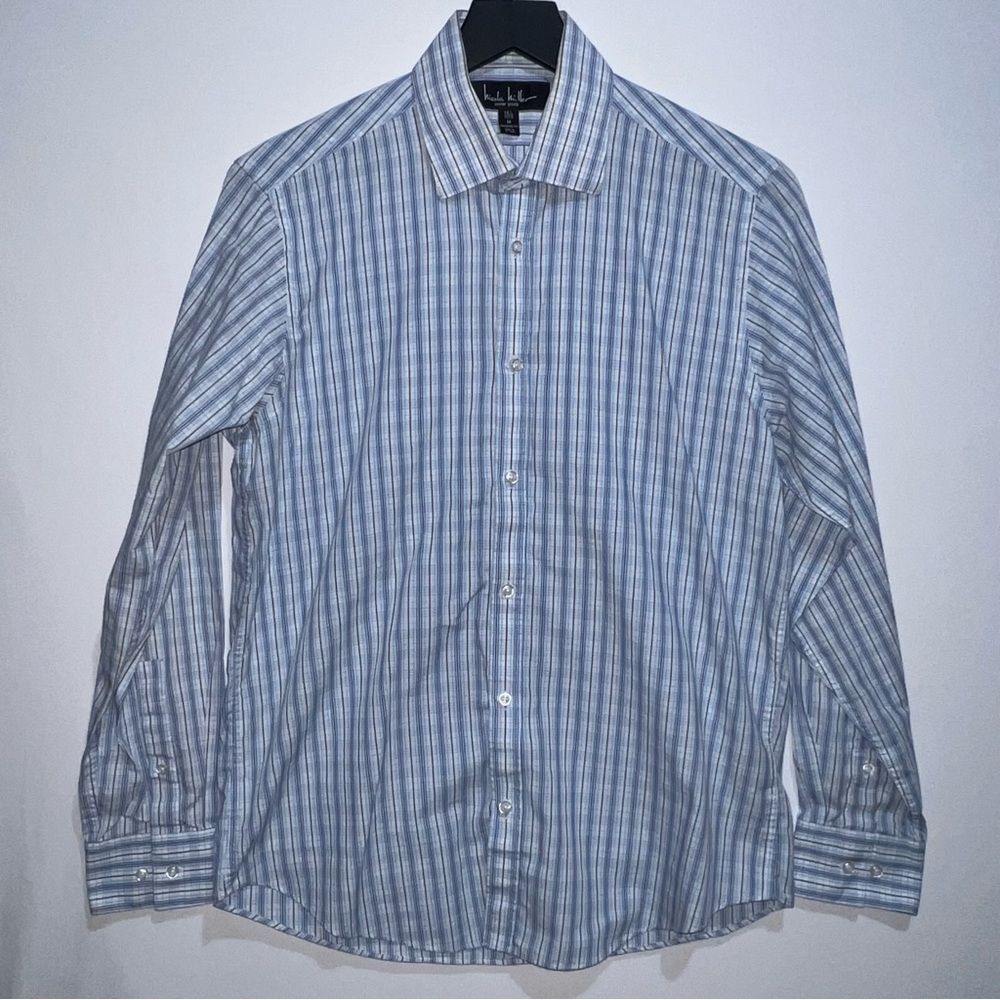 Nicole Miller Striped/Plaid Dress Shirt 15 1/2 x 32/33 Lt. Blue/White Modern Fit - Picture 2 of 6